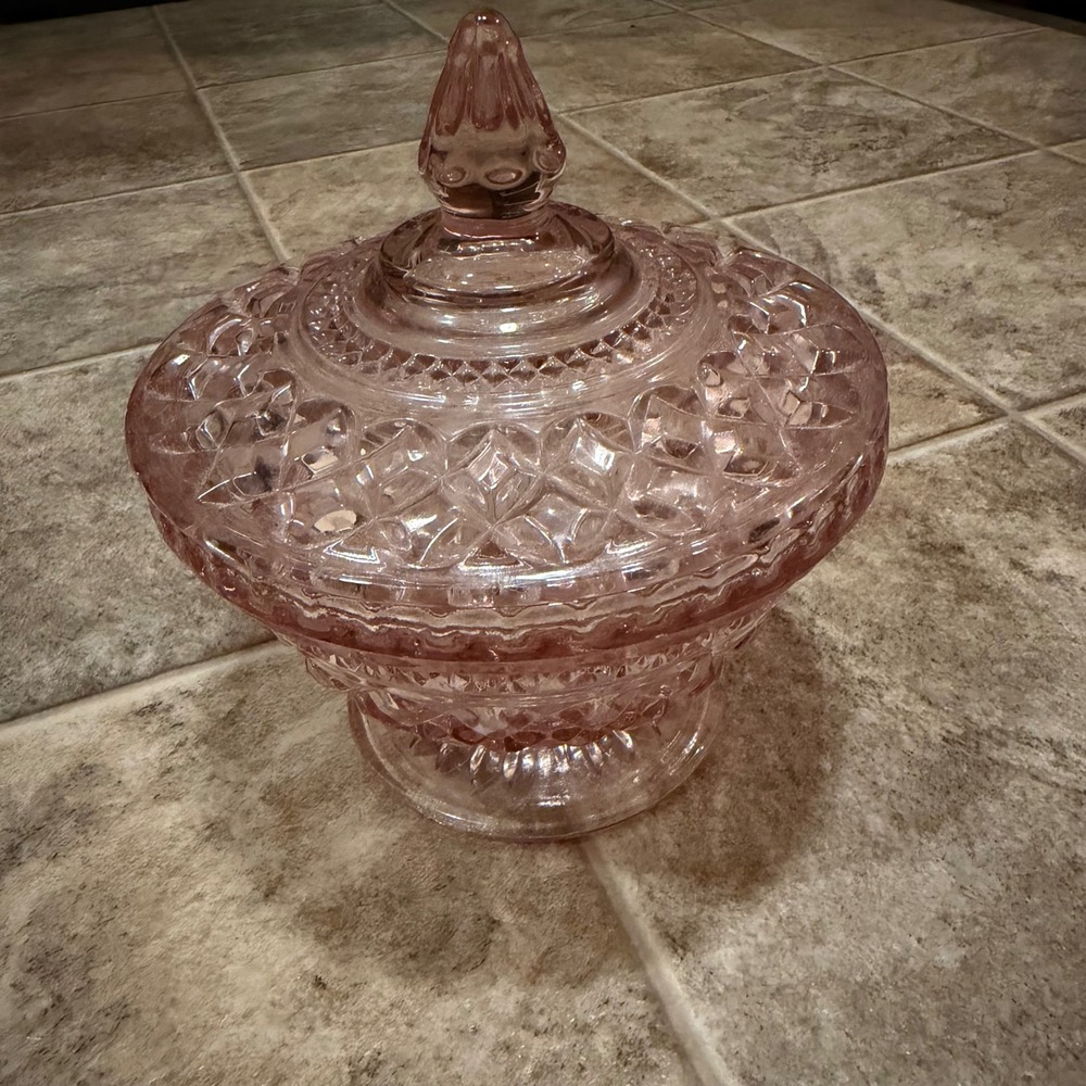 Pink Glass Candy Dish Lidded Footed Pedestal Bowl Diamond Point Vintage Style